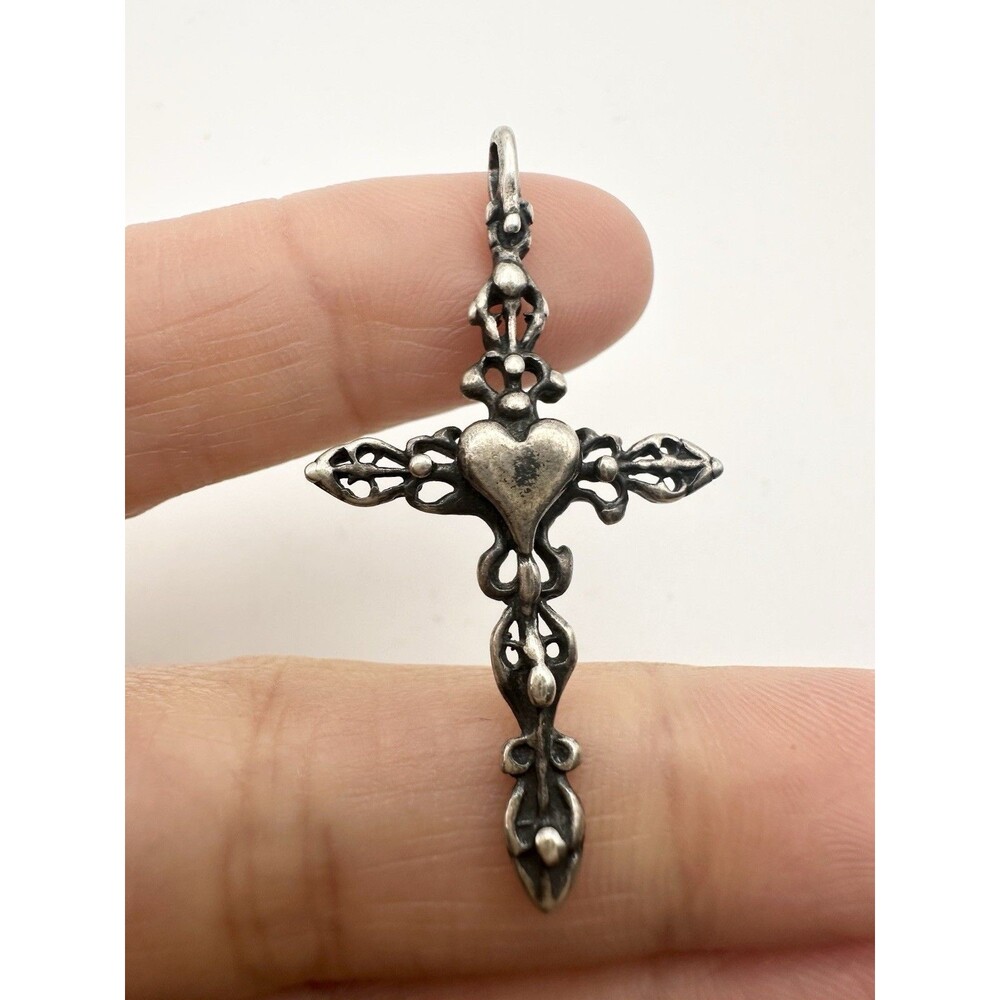 Vintage Sterling Silver Filigree Heart Cross Pendant
